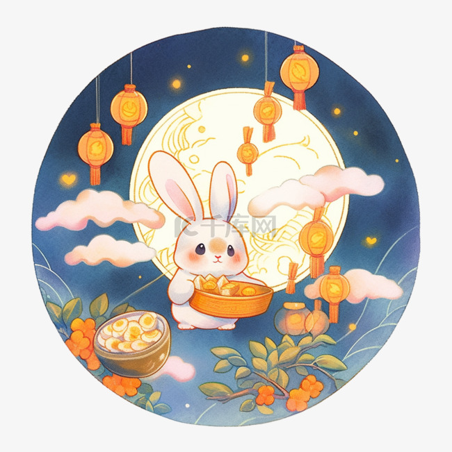 可爱的兔子吃着月饼赏月中秋节手