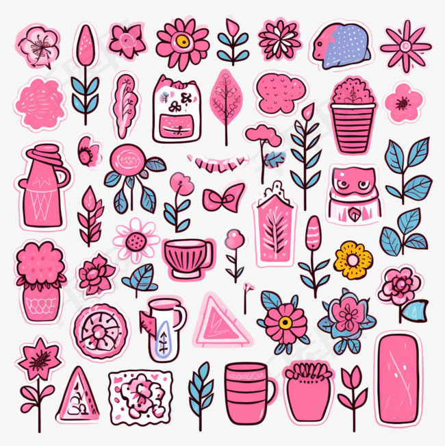粉色背景上的可爱自然涂鸦贴纸