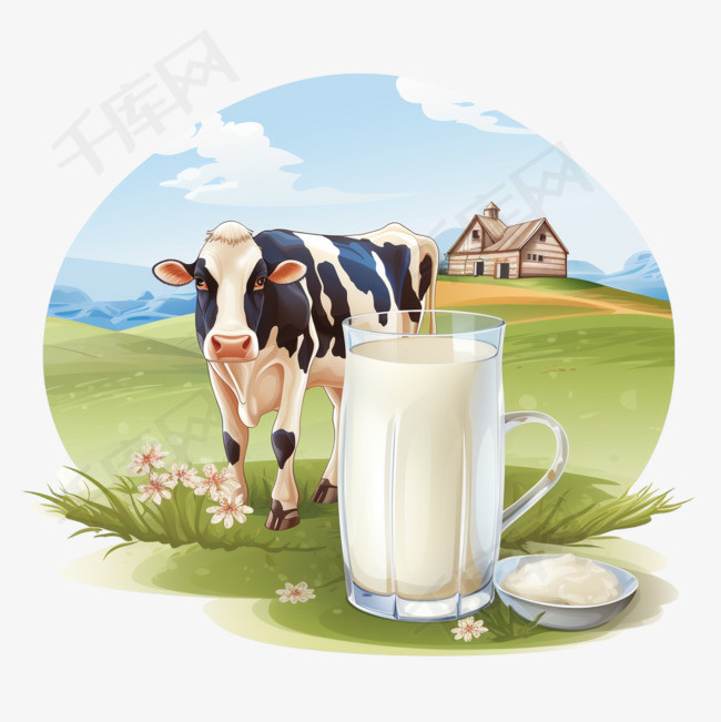 垂直海报上有一杯牛奶和农场