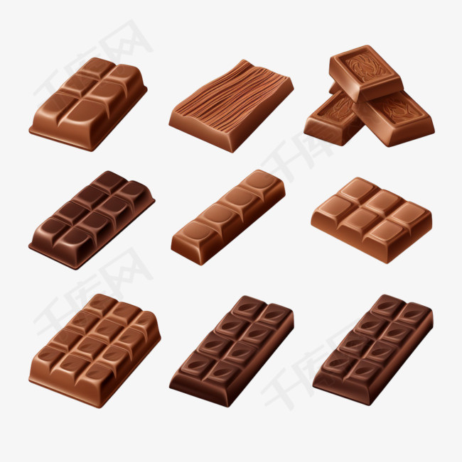3D逼真的巧克力片收藏。棕色美