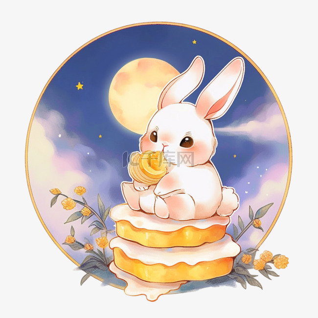 中秋节手绘兔子月饼望月元素