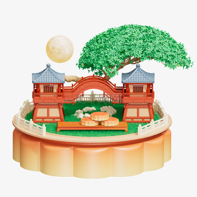 3D立体C4D中秋场景建筑月饼