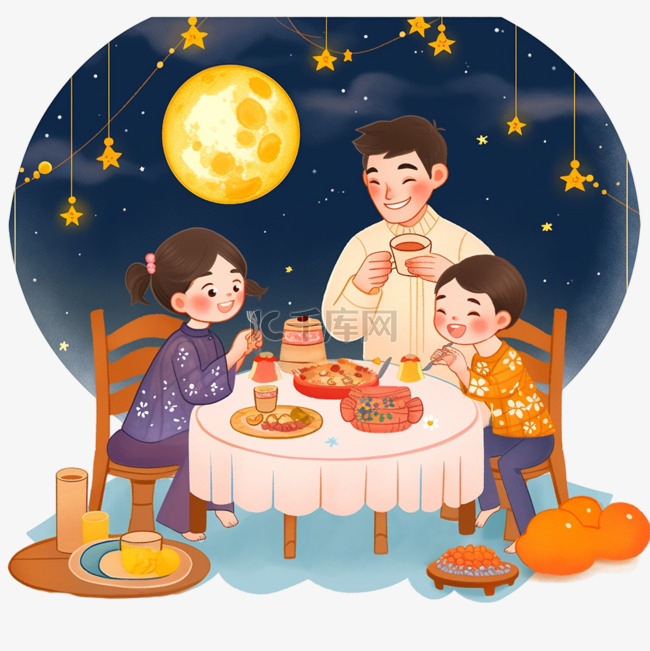 中秋节团圆家人团聚望月手绘元素