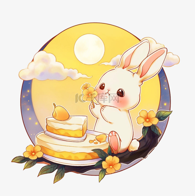 中秋节兔子手绘元素月饼望月
