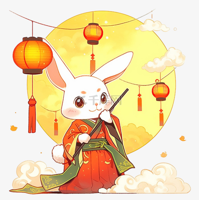 元素中秋节国风兔子赏月卡通手绘