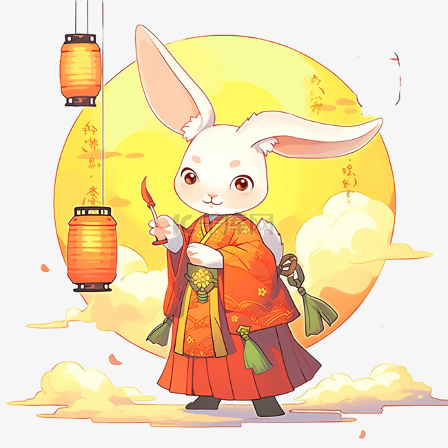 中秋节卡通国风兔子赏月手绘元素