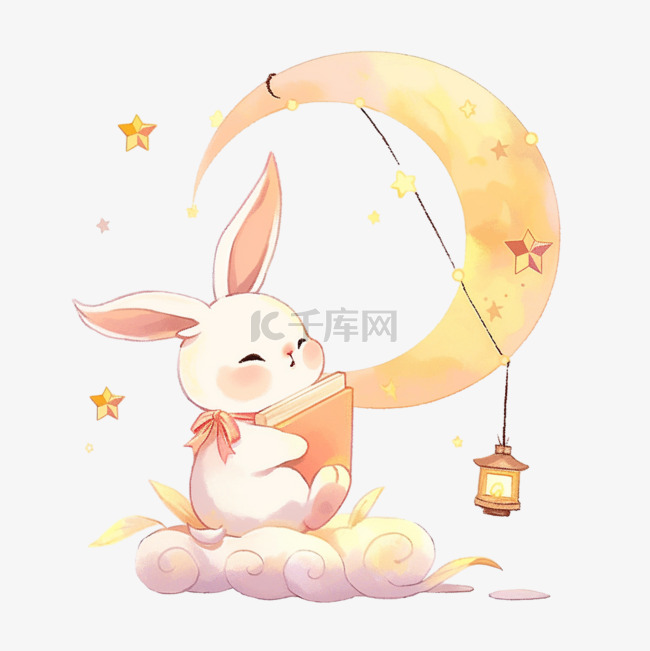 中秋节手绘卡通可爱的兔子月亮元