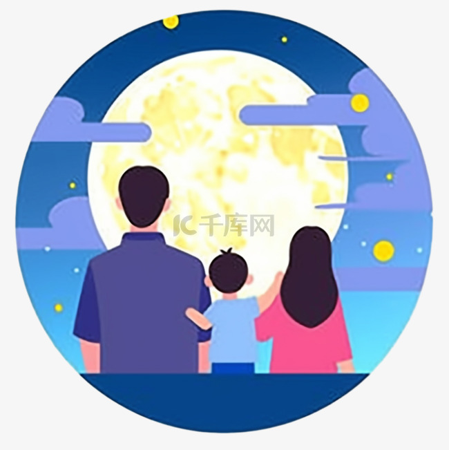 中秋节手绘一家人赏月卡通元素