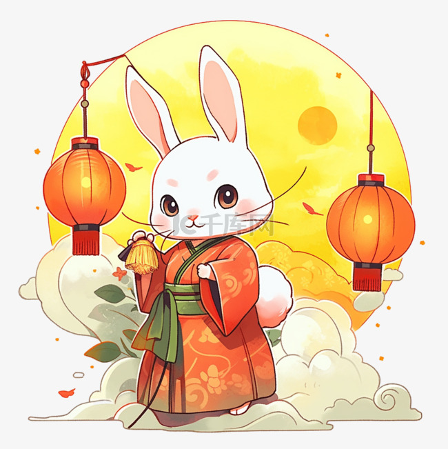 中秋节国风兔子赏月手绘卡通元素