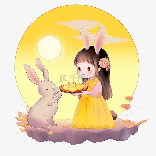 手绘中秋节可爱的女孩和兔子赏月