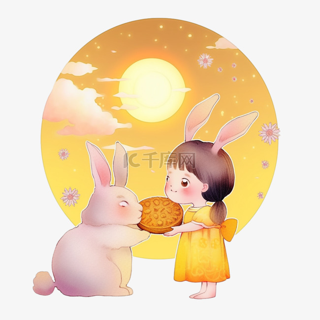 中秋节可爱的女孩和兔子赏月元素