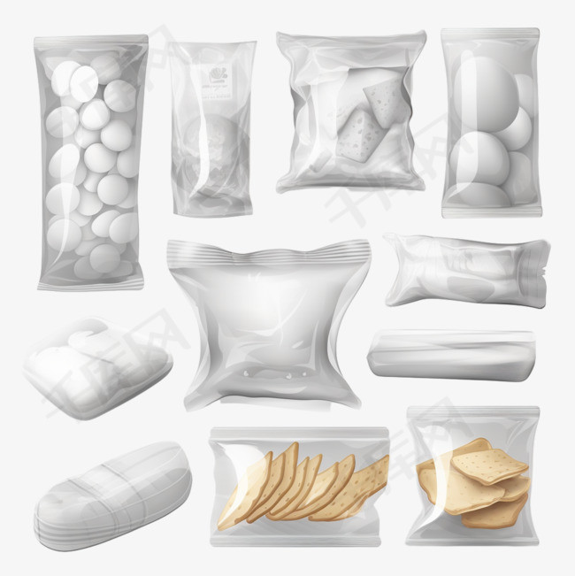 一套白色零食塑料包装的矢量插图