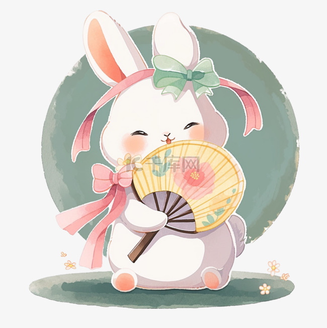 手绘中秋节兔子拿着扇子卡通元素