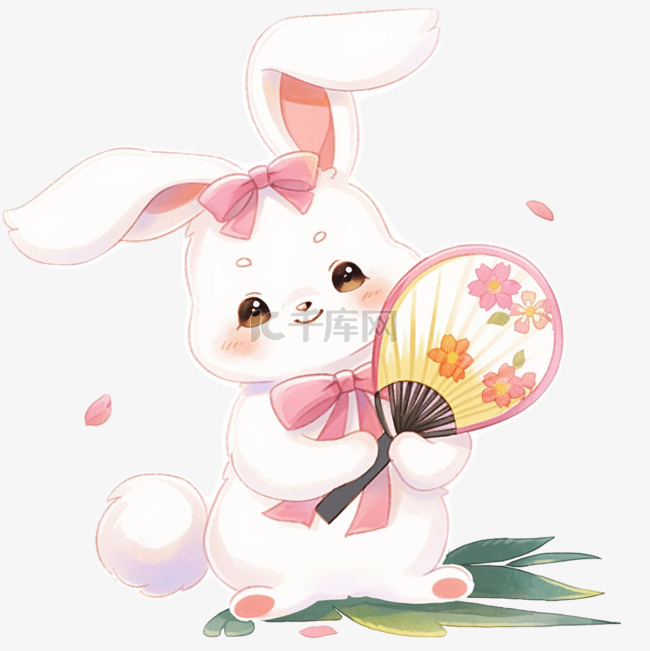 中秋节兔子手绘拿着扇子卡通元素