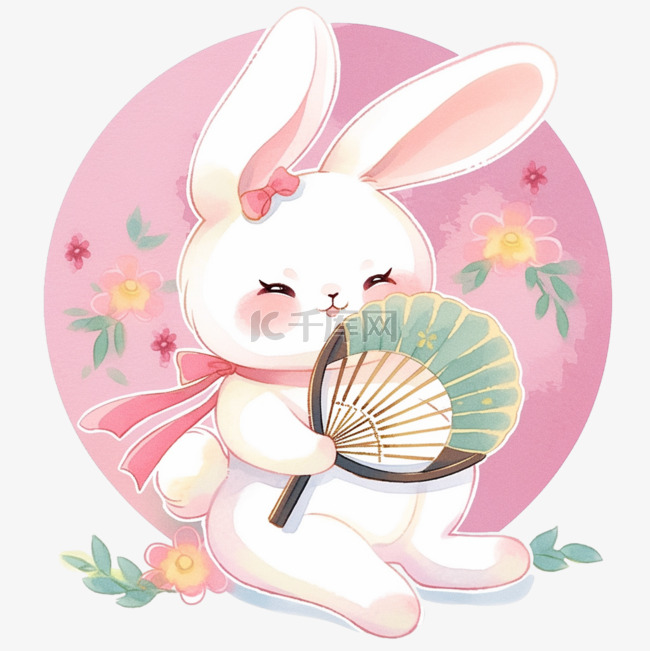 中秋节兔子拿着扇子卡通手绘元素