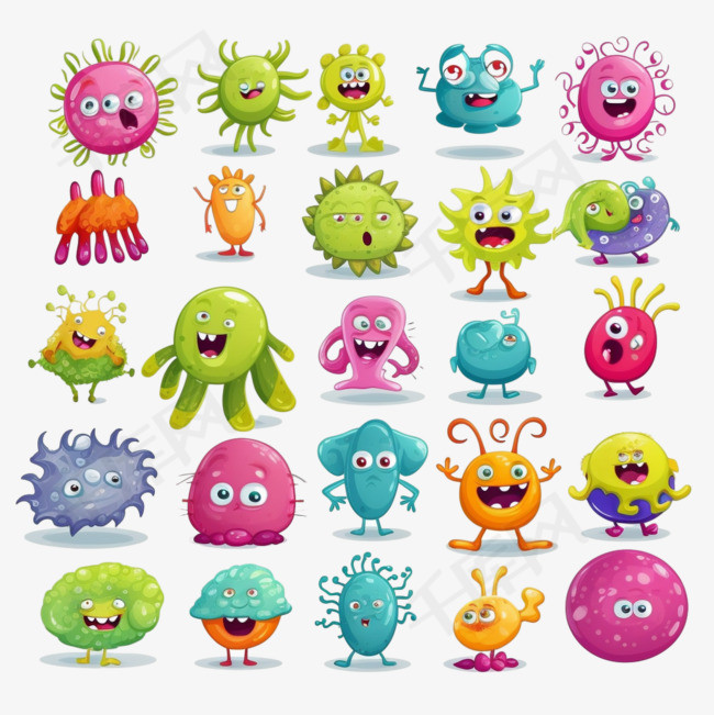 有趣的卡通可爱的病毒和细菌集隔