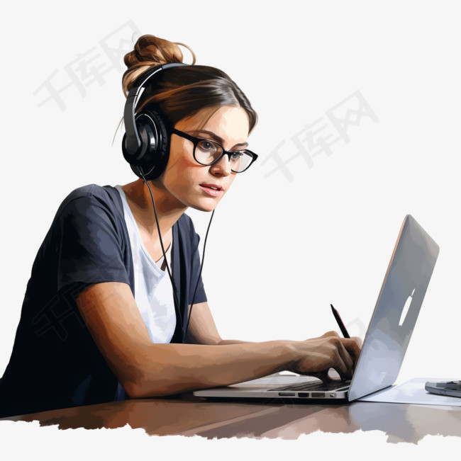 戴耳机的年轻女性使用笔记本电脑