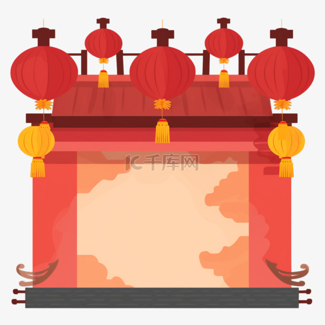 中式门楼红墙插画中国风元素