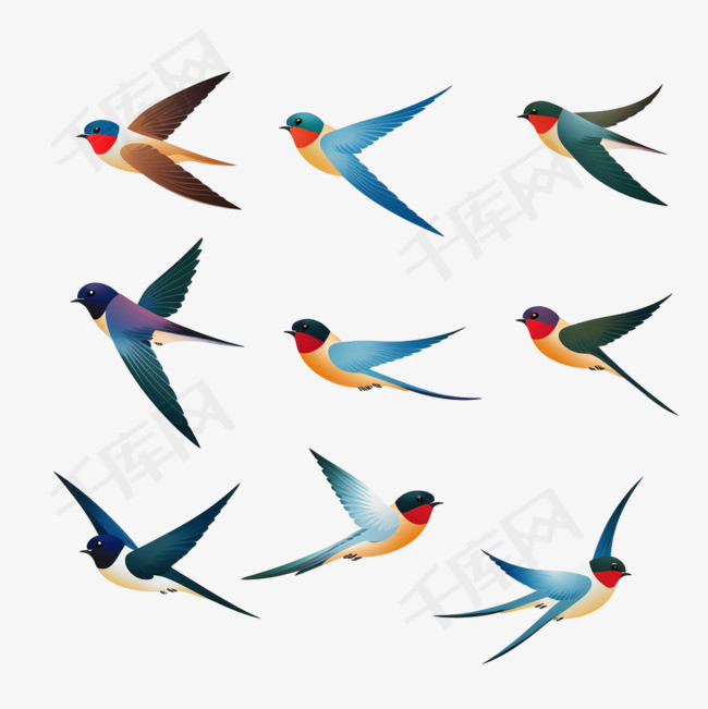 五颜六色的飞燕平面插图集。
