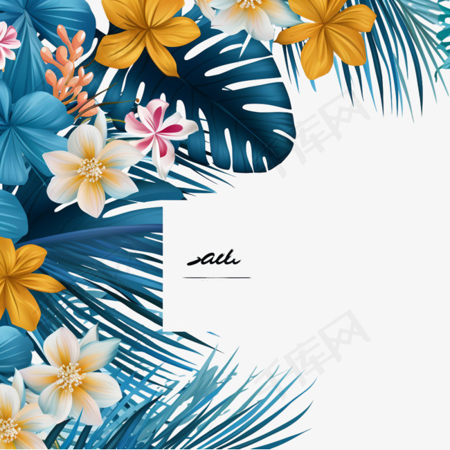 夏季促销设计，蓝色背景上有花朵