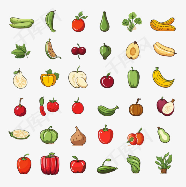 涂鸦水果和蔬菜的图标。