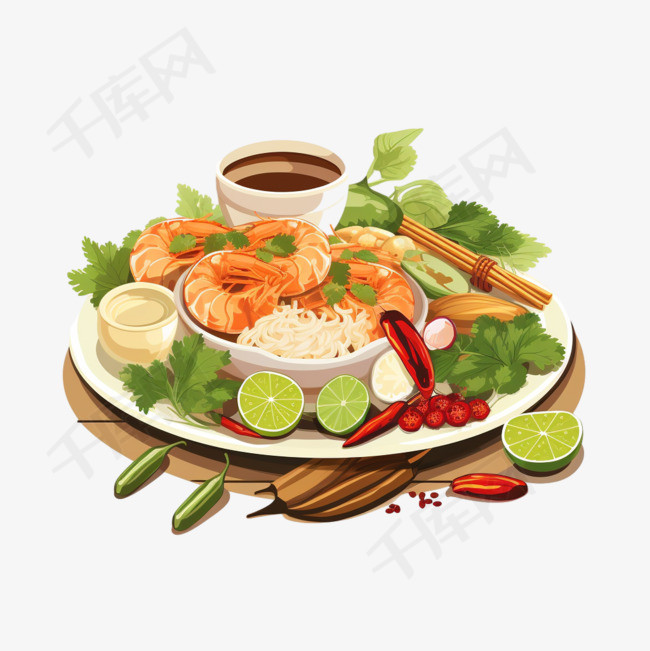 泰式美食平面插图