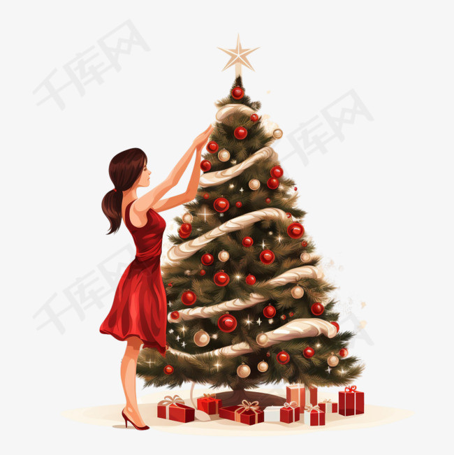 女人装饰一棵圣诞树