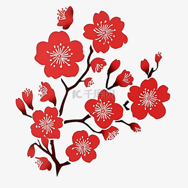 手绘元素新年红色梅花剪纸风简约