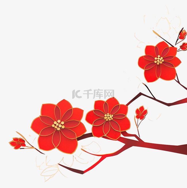 红色剪纸立体新年梅花手绘元素
