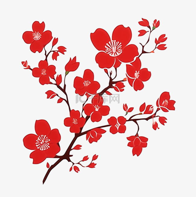 红色梅花剪纸风简约手绘新年元素