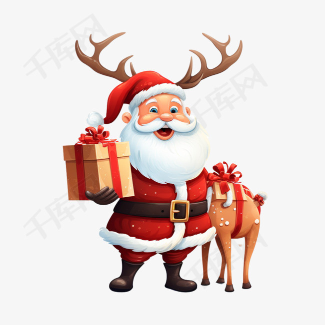 圣诞快乐，带着一袋驯鹿礼物在圣
