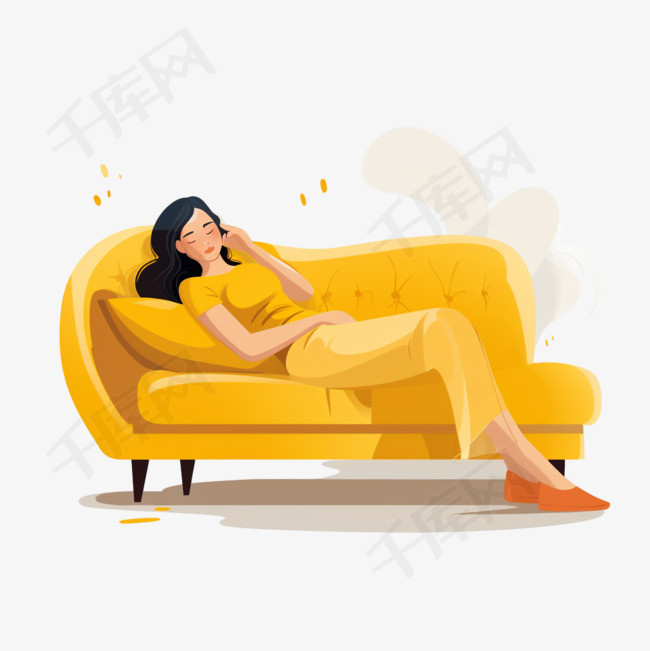 睡在客厅黄色沙发上的女孩