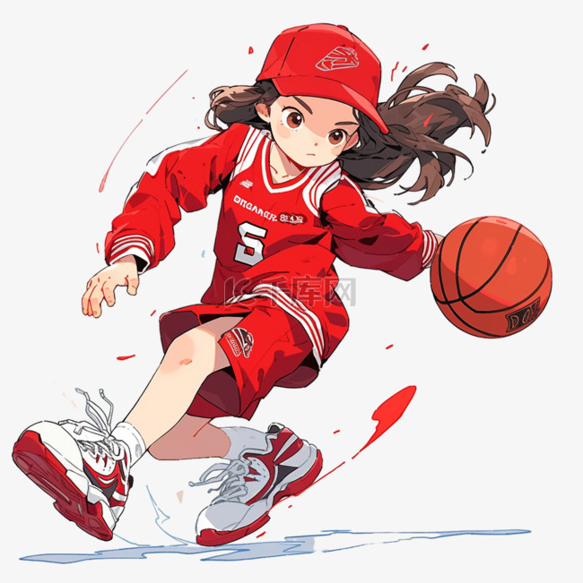 打篮球的女孩手绘元素卡通