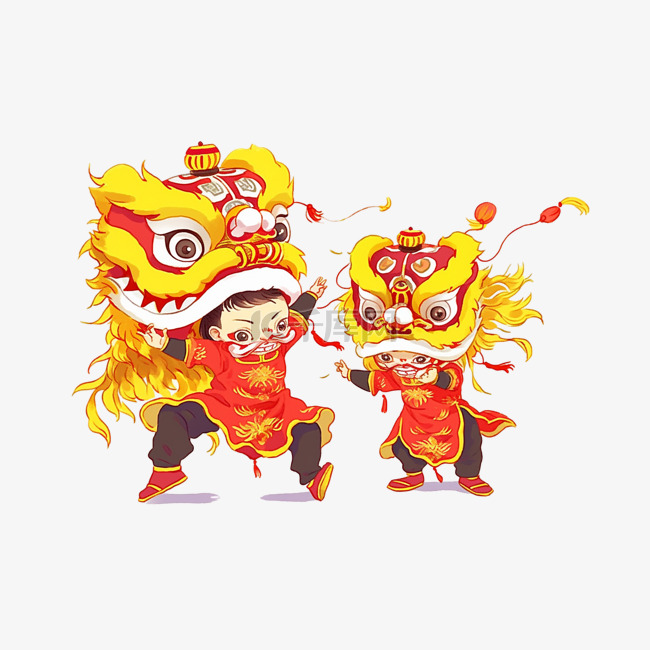 新年舞狮手绘卡通元素素材图片免费下载-千库网