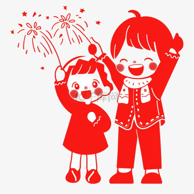 新年红色手绘元素剪纸孩子放烟花