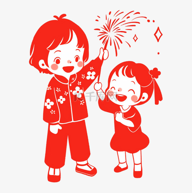 新年红色剪纸卡通孩子放烟花元素