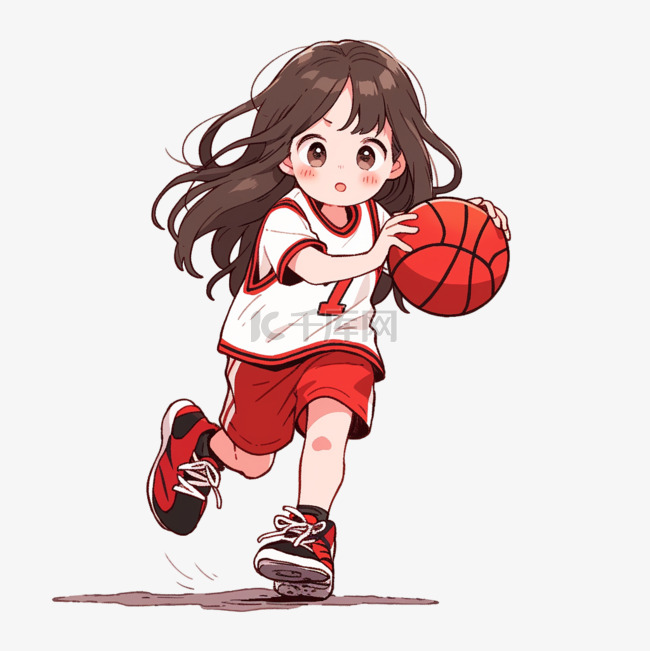 女孩手绘拿着篮球元素