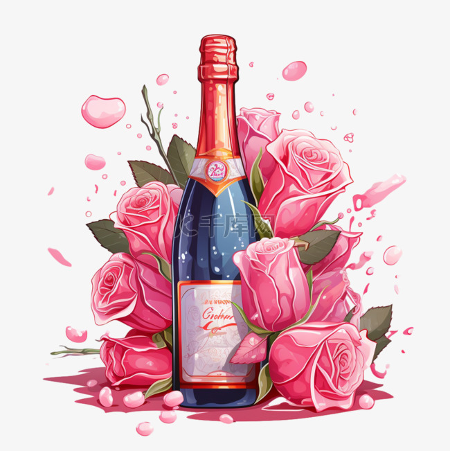 香槟手绘鲜花免扣元素装饰素材
