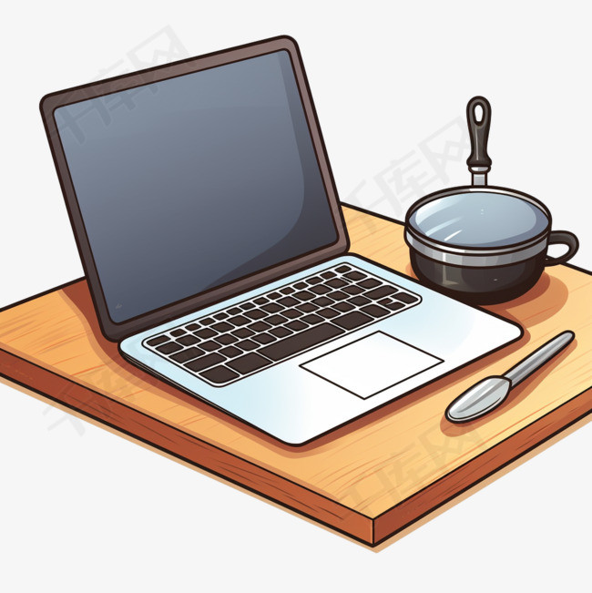 一张桌子，上面有电脑键盘和煎锅
