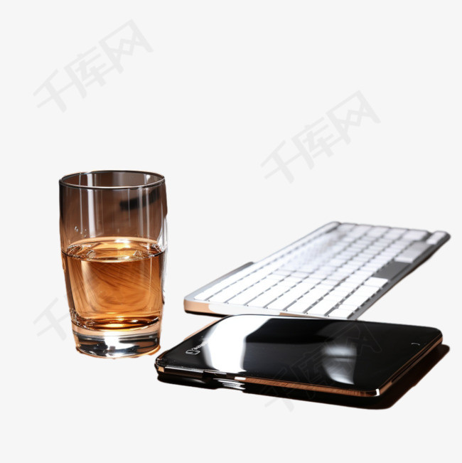 棕色木桌上黑色电脑键盘旁的透明