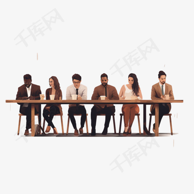 一群人坐在棕色木桌前的椅子上