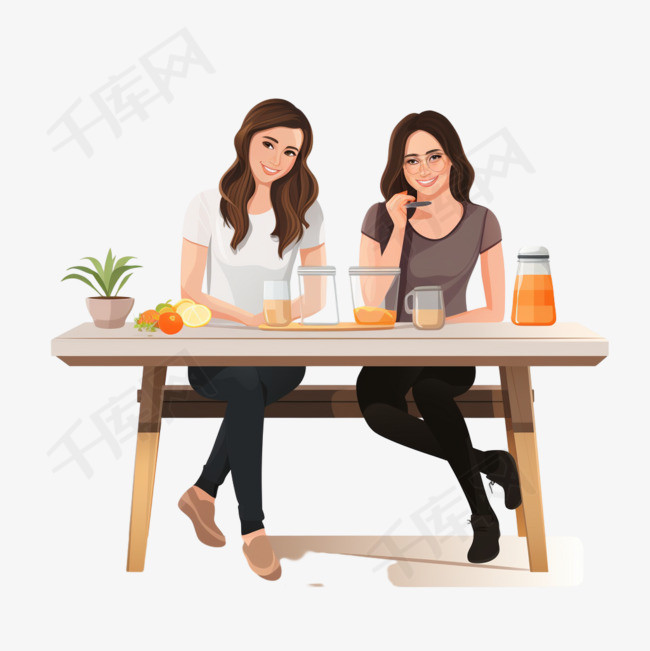 坐在桌子前面的两个女人