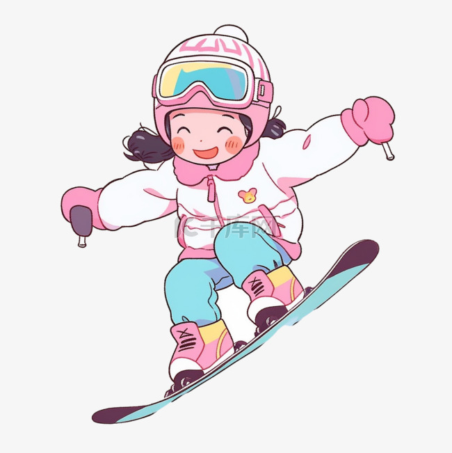 冬天滑雪的女孩手绘元素卡通