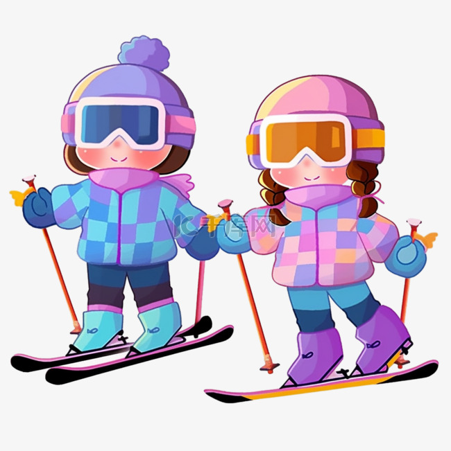 可爱孩子冬天滑雪卡通手绘元素