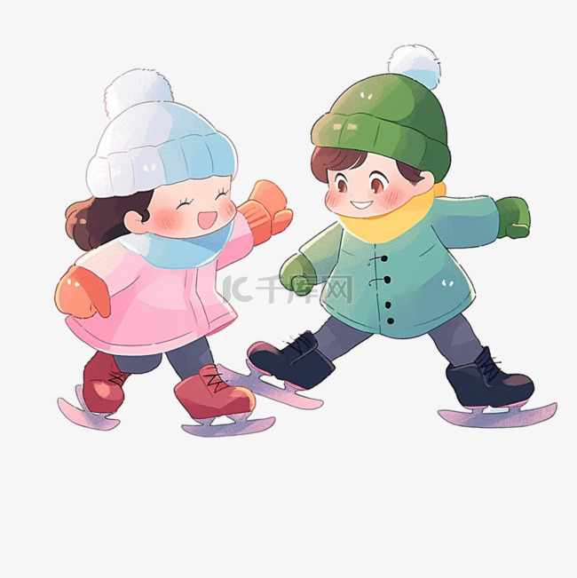 冬天可爱孩子溜冰卡通手绘元素