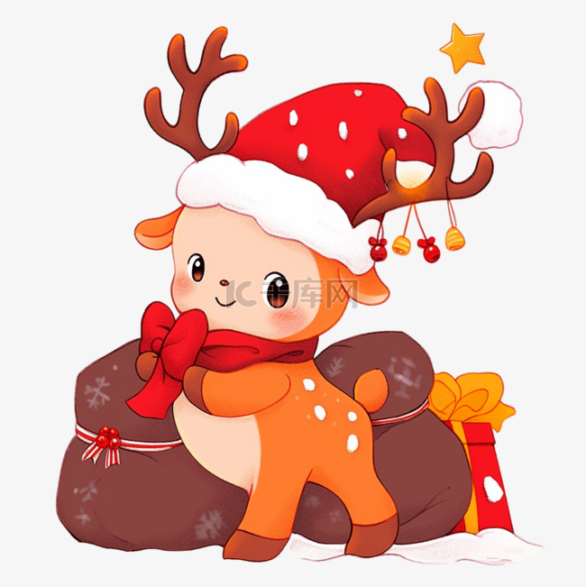 圣诞节小鹿送礼物元素卡通手绘