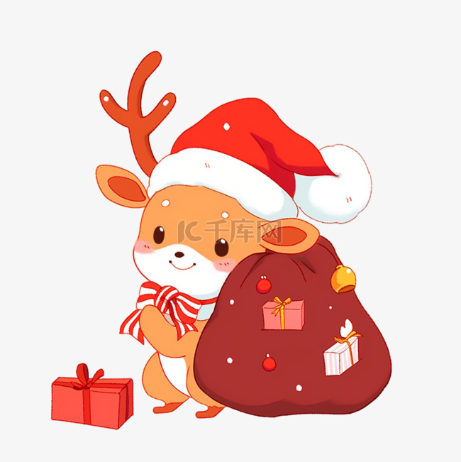 圣诞节元素小鹿送礼物卡通手绘