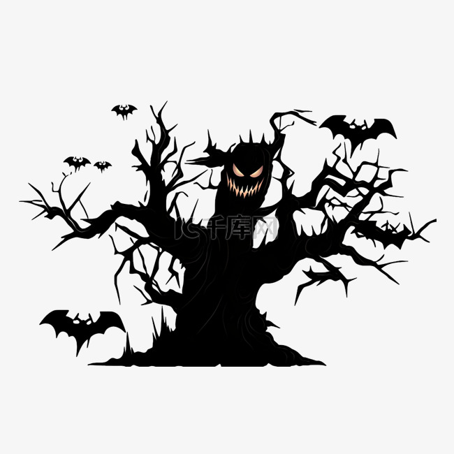 枯树蝙蝠剪影卡通手绘万圣节元素