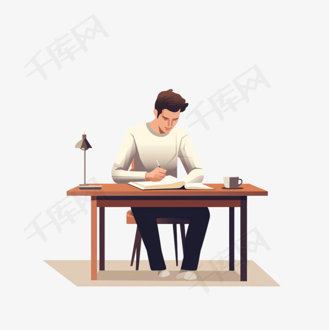 坐在桌子旁在书上写字的人