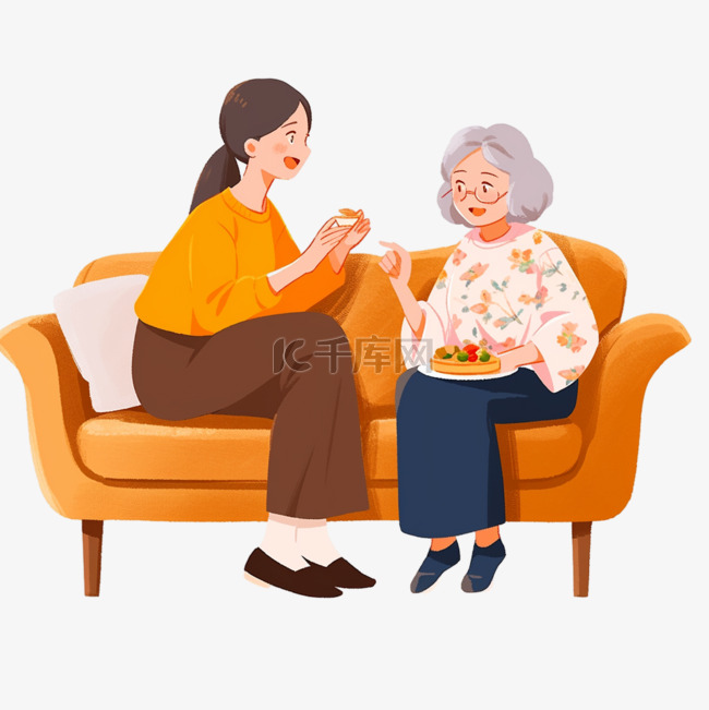 感恩节母女坐在沙发上聊天手绘卡